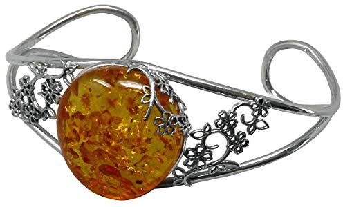 UDIG Bernstein Armreif Blüte, Silberarmband mit großem Bernstein, honig, zarte Silberblüten um den Natur Bernstein