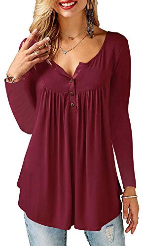 Florboom Women Long Sleeve T Shirts Pleated Casual Blouse Claret 18-20