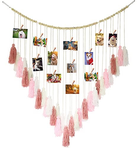 Rosa Makramee Wandbehang Große Pastell Quaste Girlande mit Holzperlen Boho Hängende Foto Display Wanddekoration für Zuhause, Schlafzimmer, Wohnzimmer