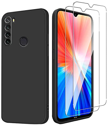 Holilo Coque + 2 Pièces Verre Trempé pour Xiaomi Redmi Note 8 (2021/2019), Silicone Case Soyeux Housse Protective 9H Dureté HD Protection DéCran Etui Anti-Chocs Anti-Rayure Gel Étui Cover - Noir