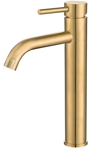 VALAZ Grifo Lavabo Dorado Cepillado Protección PVD, Alto Pica | Grifo Monomando Lavabo, Mezclador Agua Fría y Caliente, Ahorro de Agua | Instalación Facil y Rápida | Latón, Inoxidable, Serie Jabalon