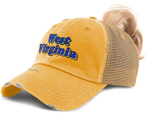 Speedy Pros West-Virginia-Amerika-Damen-Pferdeschwanz-Kappe, Baumwolle, Used-Look, Nur Senf-Design, Einheitsgröße