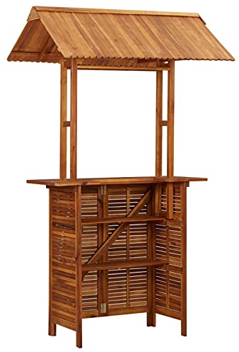 Gecheer Outdoor-Bartisch Tresentisch 122 x 106 x 217 cm Mit Dach,Stehtisch Holztisch Esstisch aus Akazien-Massivholz,Mosaik-Bistrotisch Gartentisch Biertisch Mosaiktisch Muss zusammengebaut Werden