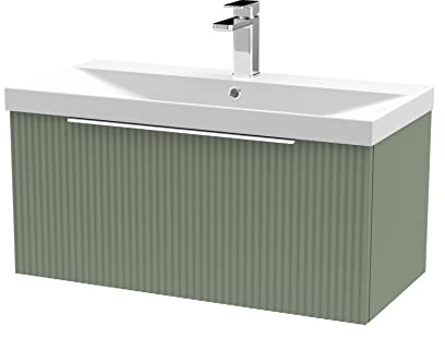 Hudson Reed DFF896D Fluted Modern Bathroom Wall Hung 1 Drawer Vanity Basin Unit with Thin-Edge Ceramic Basin, 800mm, Satin Green