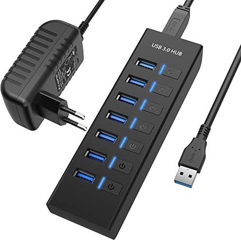 USB Hub Aktiv 3.0 mit Netzteil, JESWO 7 Ports USB 3.0 Hub aktiver Datenhub mit 15W(5V/3A) Netzteil Adapter, 100cm Abnehmbar Kabel, USB Verteiler mit LED Separater Schalter