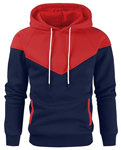 NNGOTD Herbst- und Wintermode für Herren, lässiger Patchwork-Fleece-Kapuzenpullover mit Taschen Bären Ohren (BAULMD1028B-Red, XXL)