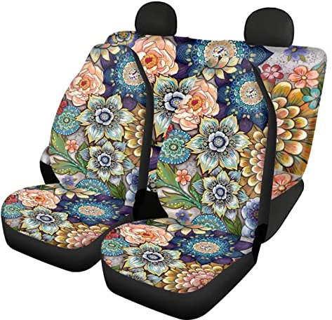 UOIMAG Boho-Autositzbezüge für Damen, Blumenmuster, 4-teilig, Bohemian-Mandala-Blume, Fahrzeug-Sitzkissen