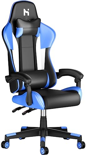 HLONONE Ergonomischer Gaming Stuhl Einstellbarer Neigungswinkel Gamer Stuhl mit Lendenwirbelstütze Einstellbare Armlehne Racing Stil PU Leder,Blau