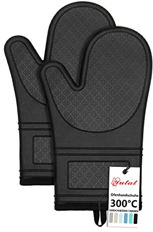 Yutat® Ofenhandschuhe 2er Set - Topfhandschuhe Hitzebeständig bis 300°C, Anti-Rutsch, LFGB-Zertifizierte Ofenhandschuhe Silikon, Perfekt für die Küche, zum Grillen, Kochen und Backen Schwarz