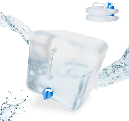 Relaxdays Pack 3 Bidones Plegables, 20 L, Garrafas Agua, Grifo, Depósitos Líquidos Camping, sin BPA, Transparente/Azul