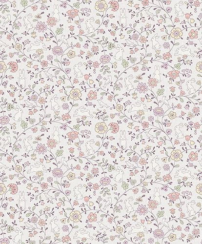 Vliestapete Blumen Hasen Vögel Ranken Blätter Lila Creme Grün JS3101