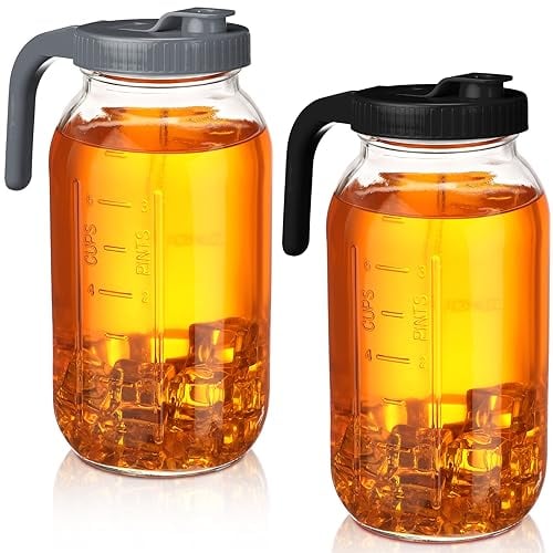 Tanlade Set of 2 Glass Mason Jar Pitcher with Lid 64 oz Tea Pitcher 2 Quart Leakproof Wide Mouth with Handle for Coffee Ice Beverage Iced Juice Lemonade Tea Flavored Water(Black, Gray)