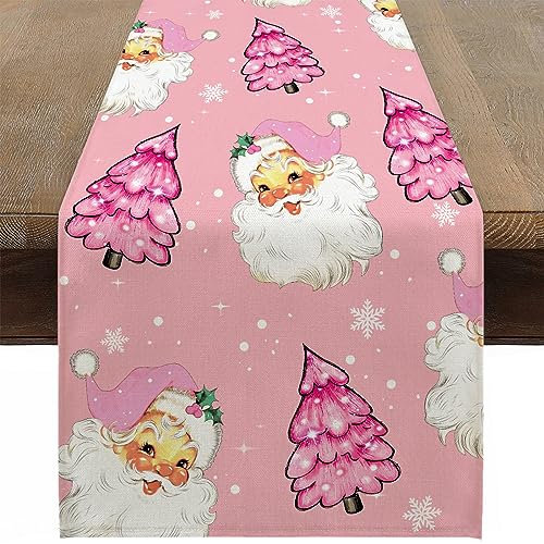 Ohok Weihnachten Tischläufer 33 x 183 cm, Leinen Weihnachten Serie Tischdecke Küche Esstisch Dekoration für Drinnen und Draußen Urlaub Party Wohnzimmer Dekor (Weihnachtsmann Rosa)