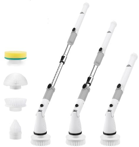 Electric Spin Scrubber, Power Brush Floor Scrubber, Cordless Spin Scrubber with Adjustable Extension Arm and 3 Replaceable Bathroom Scrubber Cleaning Brush Heads for Tub, Tile, Floor