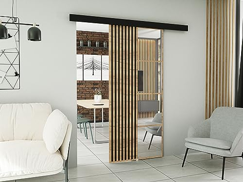 KIER FURNITURE Wandschiebetüren mit Spiegeln MOLI 70 – Schiebetür Komplettset Schiene Komplettset Mit Tür – Zimmertüren Mit Zarge Komplett - B76xH205xT1,6 cm - Eiche Craft Golden