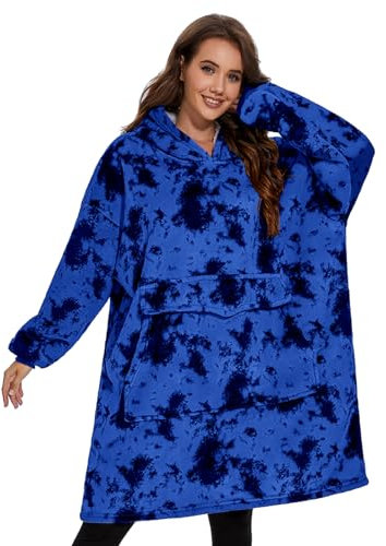 GAYYNE Hoodie Decke mit Ärmeln Deckenpullover, Tragbare Decken Hoodie Damen, Ultra Weiche Sherpa Fleece Hoodie Sweatshirt mit Big Pocket als Geschenke für Frauen Damen Krawattenfarbe Blau