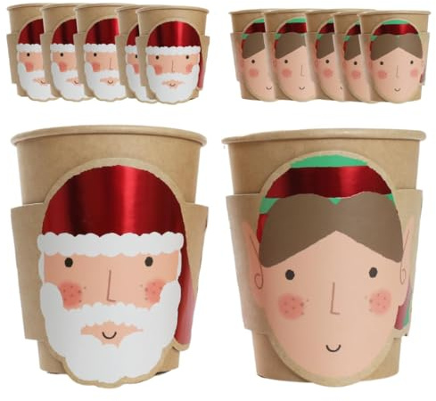 Sparkles Partyware Christmas Cups - Pack of 50 with Santa Claus and Elf Paper Kraft Eco Cup Xmas Set with Attachable Details - Do It Yourself Christmas Party Tableware Decoration