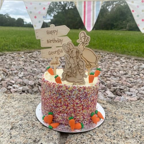 Peter Rabbit and Jemima Personalised Cake Toppers, Childrens Cake Toppers, Birthdays Christening Wooden Cake Topper with Message, Cake Picks
