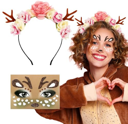 BOFUNX Geweih Haarreif mit Blumen Rentier Haarband Haarschmuck + Rentier Gesicht Tattoos Reh Kostüm Accessoires für Fasching Karneval Mottoparty Halloween Cosplay