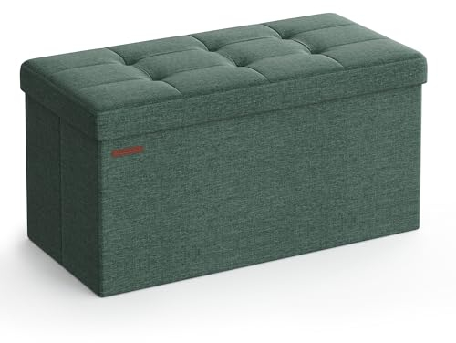 SONGMICS MAZIE Collection - Storage Ottoman Bench, 76 cm Folding Foot Rest Stool, End of Bed Bench, Easy Assembly, for Living Room, Bedroom, Entryway, Retro Green LSF047C51