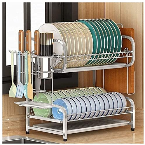 HALAHAI Escurre Platos Escurridor Platos Escurridor De Platos De Acero Inoxidable De 2 Niveles con Bandejas De Plástico Extraíbles Organizador De Cubiertos De Cocina Escurreplatos