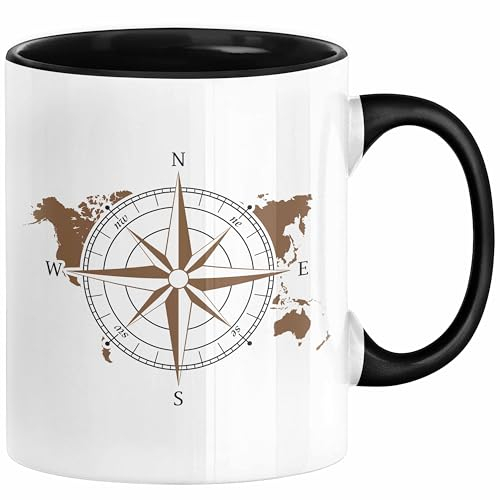 Segler Tasse Geschenk Kapitän Segelboot Anker Matrose Seemann Geschenkidee Navigation Kompass Segelyacht Weltkugel (Schwarz)