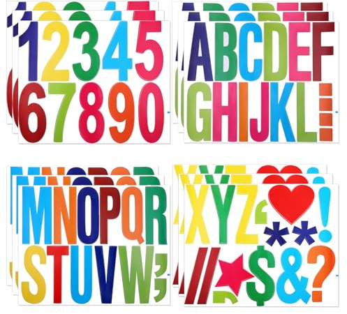Jeffdad 12 Blatt Buchstaben Zahlen Aufkleber Set, 10 cm Selbstklebend Alphabet Nummer Aufkleber Wasserfeste Vinyl Sticker für Basteln Outdoor Schilder Poster Briefkästen Fenster(Bunt)