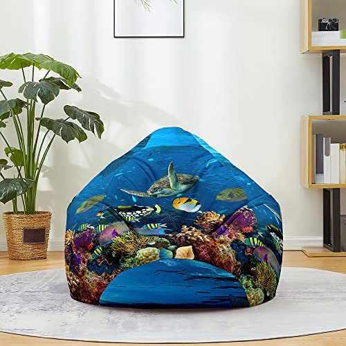 Odot Sitzsack, 3D Unterwasserwelt Sitzsack Bezug, Sitzsack Bezug Ohne Füllung, Komfortabler Abnehmbarer Bean Bag, Outdoor Sitzsack für Indoor Outdoor Living Room Decor (Schildkröte,XL)