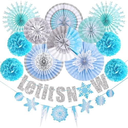 Winter Wonderland Dekorationen Weihnachten Schneeflocken Hängende Papierfächer Dekorationen Blau Weiße Schneeflocken Dekorationen mit Let It Snow Banner Papierfächer und Pom Poms Weihnachten Deko
