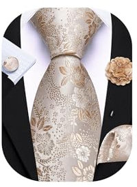 Barry.Wang Krawatte mit Blumenmotiv für Herren, Seidenkrawatte, Einstecktuch, Manschettenknöpfe, Set, formelle Hochzeit, Party, Business, champagnerfarben, Einheitsgröße