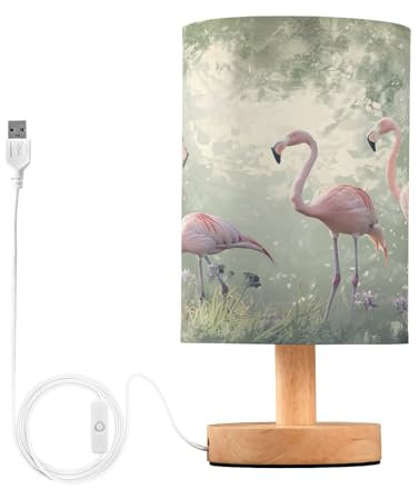 SKYSHU Lampe de chevet flamant rose, petite lampe de bureau LED USB avec base en bois antidérapante et abat-jour agréable pour les yeux pour salon, chambre à coucher, dortoir, maison, bureau
