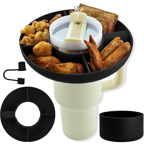 Snack Bowl for Stanley Cup 40oz | 4 Silicon Compartments Tray with Accessories kit Bottom Grip & Straw Cover Caps, Fits 40 oz Quencher H2.0 Cup, Snack Storage Organizers (Black)