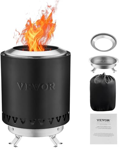 VEVOR Brasero de Mesa de Acero Inoxidable para Interior y Exterior, con Soporte, Sin Humo, Confiable, Alimentado con Leña o Pellets para Acampar, Patio, Negro, Combustión 1,46 L, Φ 150 x 205 mm