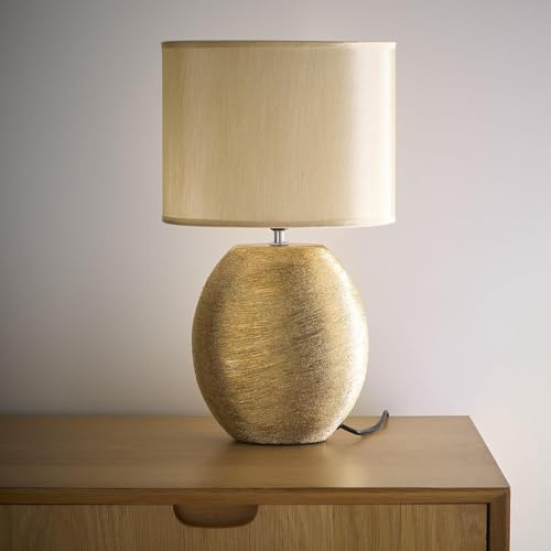 Britalia Gold Scratched Ceramic Vintage Oval Table Lamp with Gold Shade | 45cm Height | | 1 x SES E14 Lamp Bulb Required | UK Approved
