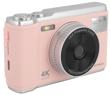 SENECESLI Digitalkamera, 4K UHD 50 MP Point and Shoot Digitalkamera mit 16 fachem Zoom, Integrierter LED Taschenlampe, Autofokus, Anti Shake, Tragbare Vlogging Kamera, Kompakte Kleine (PINK)