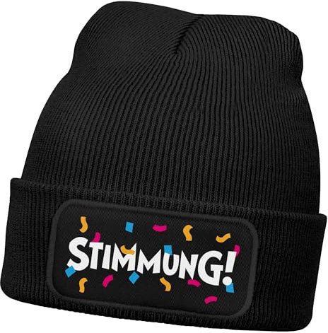 MoonWorks® Damen Beanie mit Patch Strickmütze mit Spruch Stimmung Karneval Fasching Party Outfit Aufdruck Lustig Damenmütze Schwarz Unisize