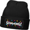 MoonWorks® Damen Beanie mit Patch Strickmütze mit Spruch Stimmung Karneval Fasching Party Outfit Aufdruck Lustig Damenmütze Schwarz Unisize