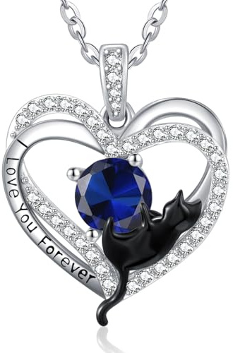 Zeuslia Herz Schwarze Katze Birthstone Halsketten für Frauen Sterling Silber Schwarze Katze Herz Anhänger Liebe für immer Nette Tier Schmuck Geschenke für Frauen