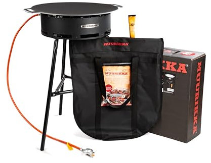 MUURIKKA Outdoor-Kochset, Gasbrenner D-400, 40cm, 2-Brennringe (mit langen Beinen, Windschutz, separat regulierbar, für Wok, Grillplatte & Paella, emailliert) mit Muurikka Grillpfanne 58