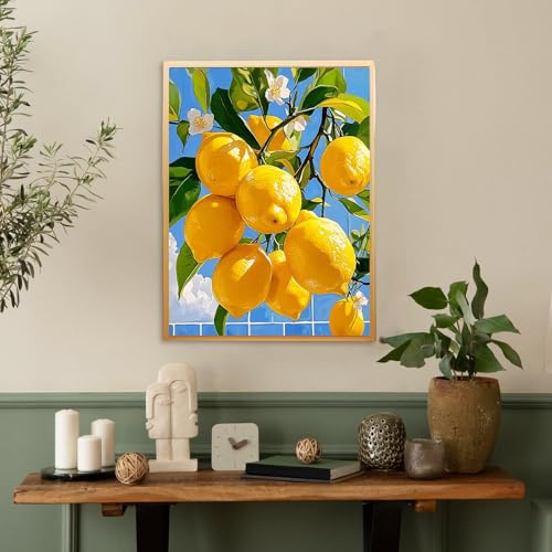 KEYIFA Zitrone Blumen Malen Nach Zahlen Erwachsene, Malen Nach Zahlen Kits mit Pinseln und Acrylfarben, DIY Ölgemälde Set Malen Basteln Leinwand Bild Erwachsene, Home Deko 30x40cm