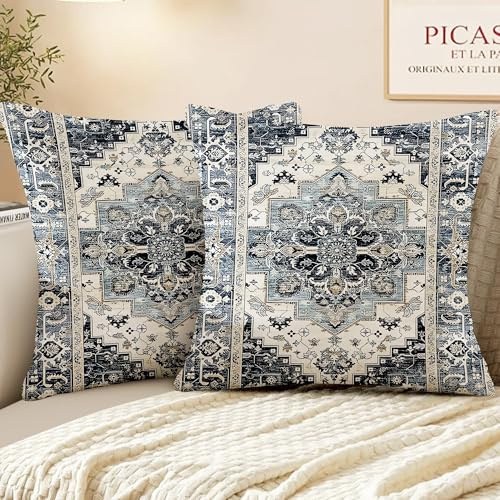 XPHZZL Pack of 2 Bohemian Style Linen Decorative Cushion Covers 65x65 cm Square Throw Pillow Covers 26x26 Inch Boho Style Pillowcases for Outdoor Home Decor Sofa Bedroom Car - Navy Blue