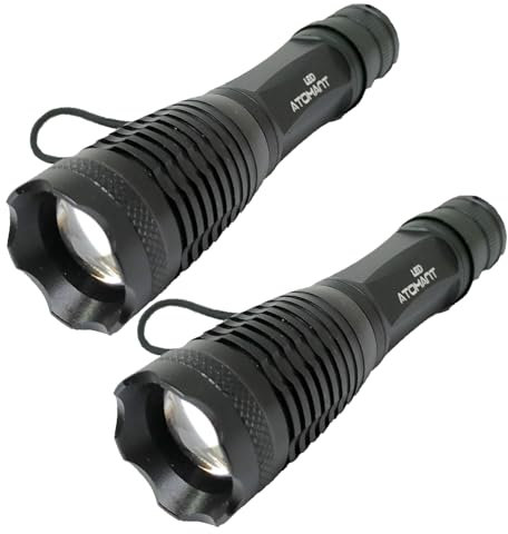 LED ATOMANT Pack 2x Linterna Policia LED con Zoom y Bateria de Litio Recargable de Larga Duracion, Incluye Caja, Cargador, Adaptador a Pilas Standard y Correa, 1500 Lúmenes