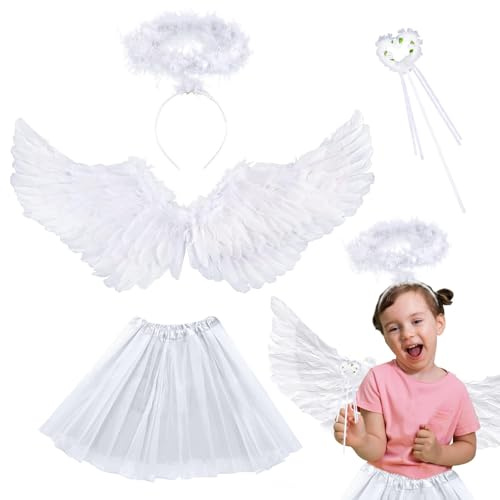 SPHERETRON Engel Kostüme,Engel Kostüm,Engel Kostüm Kinder Set mit TuTu Rock,24.4in Federflügel Engels,Heiligenschein und Zauberstab, Engels Kostüme für Karneval,Cosplay