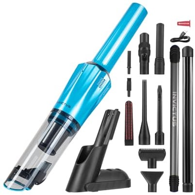 Genius Invictus ONE Prestige Deluxe Akku-Handstaubsauger Set 18 TLG, Auto Staubsauger, Saugleistung 12000 Pa, Ladestation, HEPA Filter, Kombi Düsen, Tierhaarbürste, Staubbehälter 70 ML. Farbe Blau