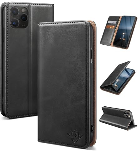 SUANDUCK for iPhone 11 Pro 5.8 mobile phone case magnetic leather flip case with RFID-blocking card compartment, adjustable stand and 360° drop protection with Apple 11 Pro Black
