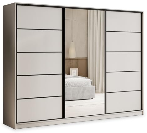 Masseno Schwebetürenschrank PINA 270/205/58 cm Kleiderschrank mit 4 Schubladen Schlafzimmer Schiebetürenschrank 3-türig mit Spiegel Kaschmir