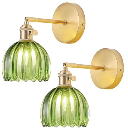 NETHCUEL Wandlampe Innen-Set (2-Stück, Festverdrahtet), Wandlampe mit Tulpen-Grün-Glaslampe, Badezimmer-Wandleuchte mit Schalter, Goldene Wandlampe mit Schalter-Dekorset, Leuchtmittel Nicht Enthalten