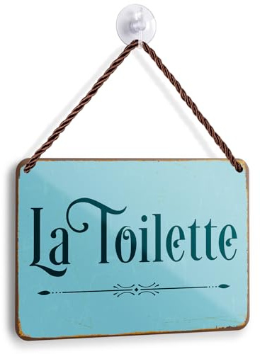 Blechschild LA TOILETTE 18x12cm - Französisches Vintage Badezimmerschild Türkis - Shabby Chic Metallschild mit Kordel & Saugnapf - Retro WC Wanddeko im Landhausstil - Nostalgisches Bad Geschenk