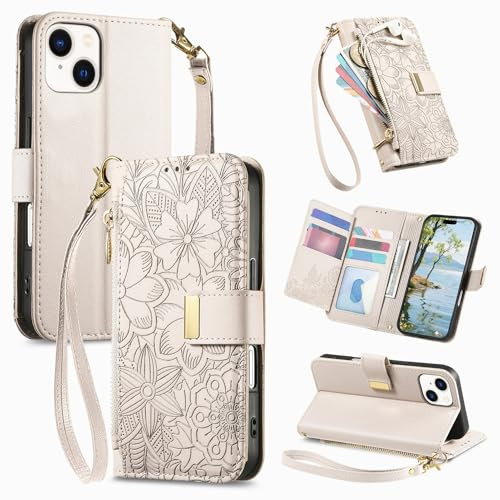 VEEMOS Handyhülle für Apple iPhone 14 Plus Hülle Klappbar Leder Klapphülle mit Reißverschluss Kartenfächern Ständer Band Blumen Prägung Schutzhülle Damen Wallet Flip Case - Grau