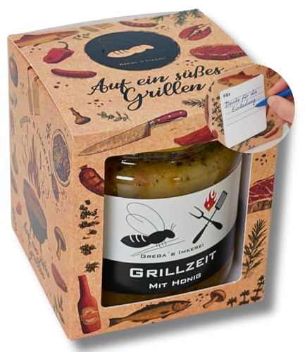 Grill Honigsüße Geschenk Box 1er Set mit Honig von Grega’s Imkerei 1× 250g Honigspezialität in „Grill-Geschenkbox“ mit Grußfeld auf Rückseite BBQ Geschenk-idee (Grillzeit mit Honig 250 g)